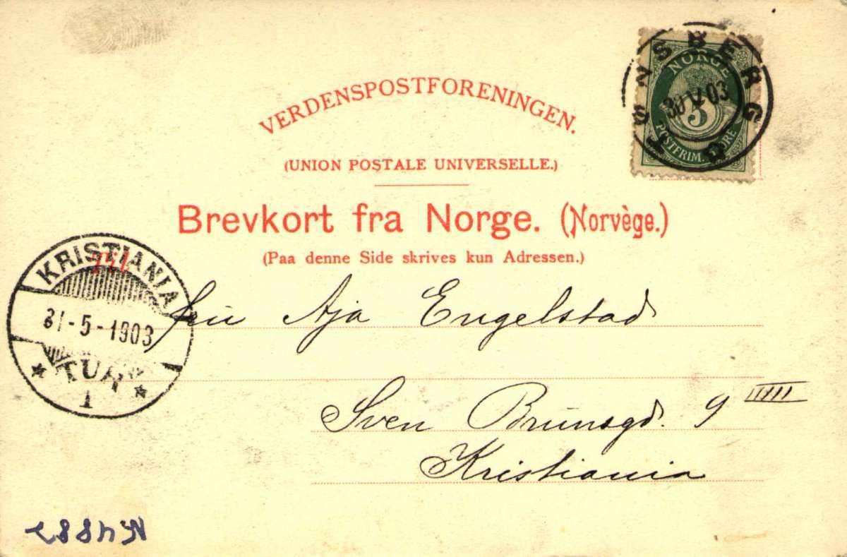 Postkort med motiv fra Tønsberg. Gratulasjonshilsen sendt til mottaker i Kristiania, mai 1903.