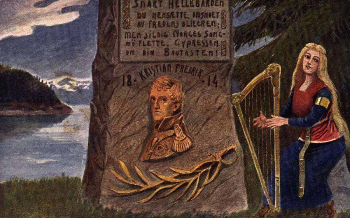 Postkort. Maleri. Kvinne med harpe foran bauta av Kristian Fredrik - 1814.