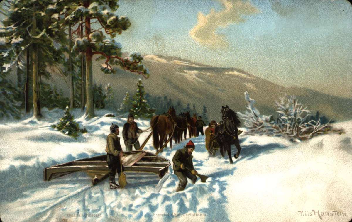 Postkort. Jule- og nyttårshilsen. Vinterlandskap. Snøbrøyting med treplog og hest. Illustrert av Nils Hansteen. Datert julen 1894.