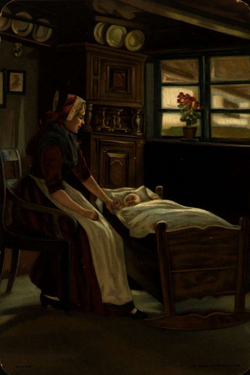 Postkort. Nyttårshilsen. Kvinne i folkedrakt sitter og vugger et spebarn. Datert 30.12.1896. Kartongkort.