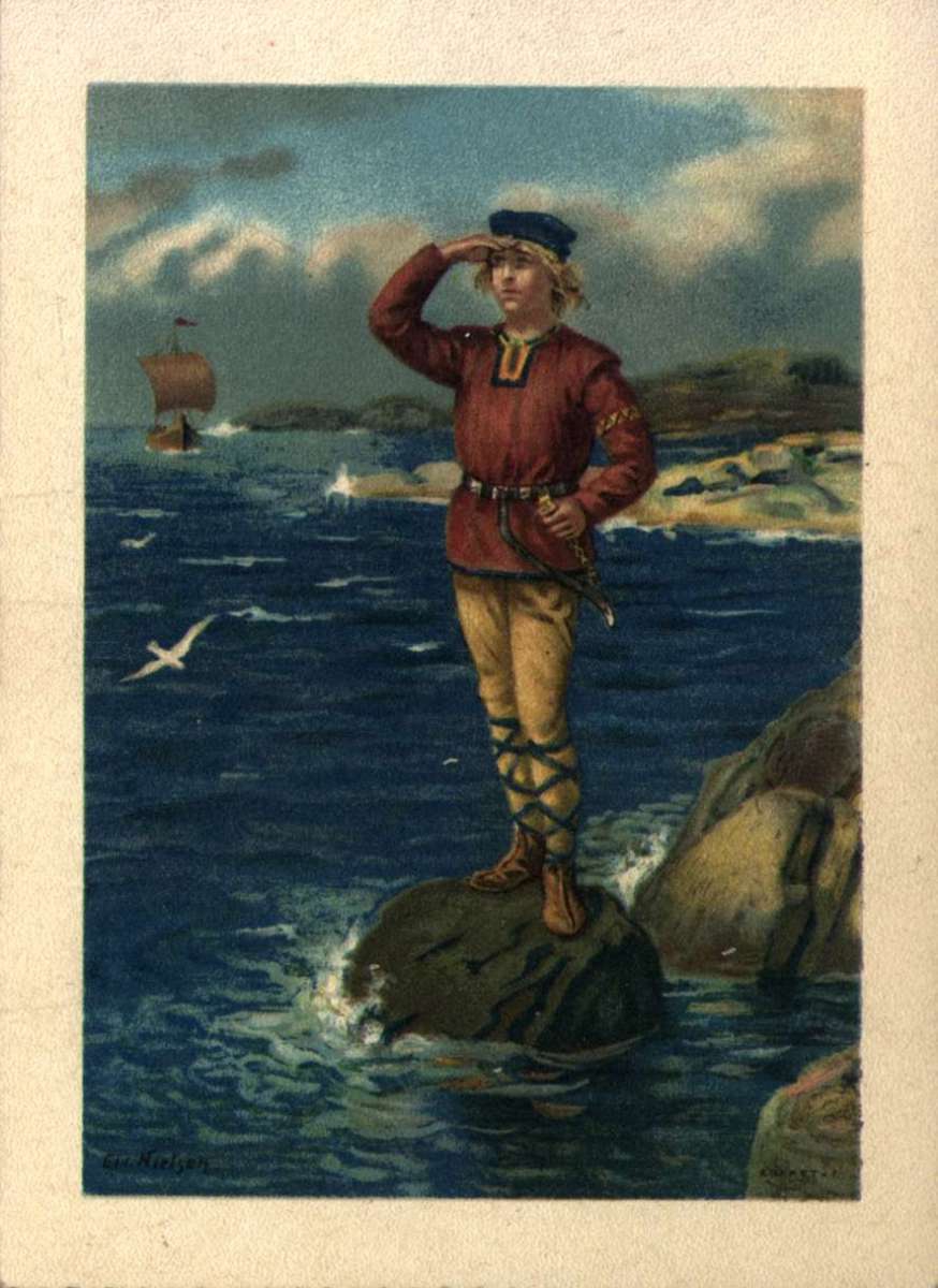 Julekort. Jule- og nyttårskort. Vikingkledd mann speidende utover sjøen.  Seilskip i bakgrunnen. Laget for Kasper Rattem. Påtrykkt 1904-1905.