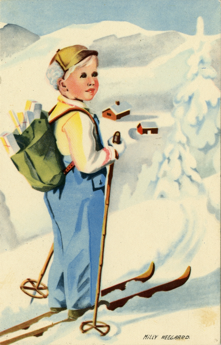 Julekort. Julehilsen. Gutt på ski med sekk full av pakker. Illustrert av Milly Heegaard. Stemplet 23.12.1940.