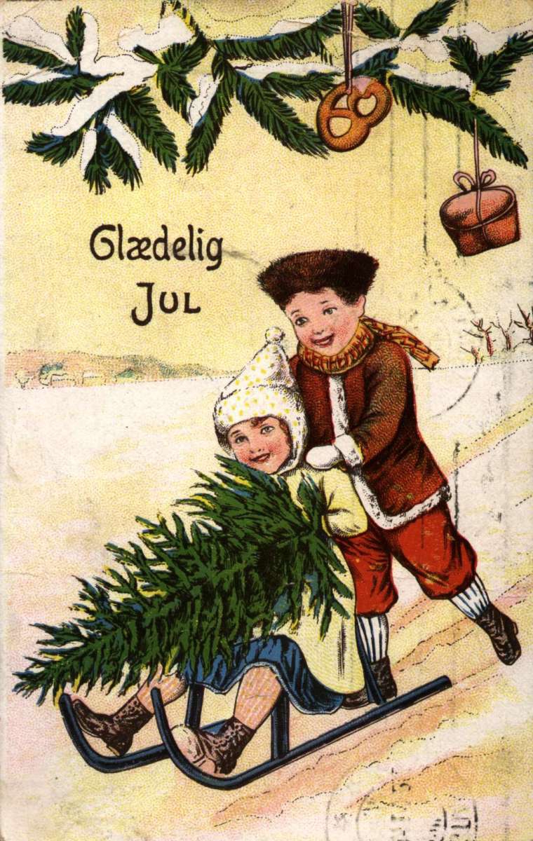 Julekort. Jule- og nyttårshilsen. Vintermotiv. Barn på spark med juletre. Stemplet 23.12.1911. Tysk kort.