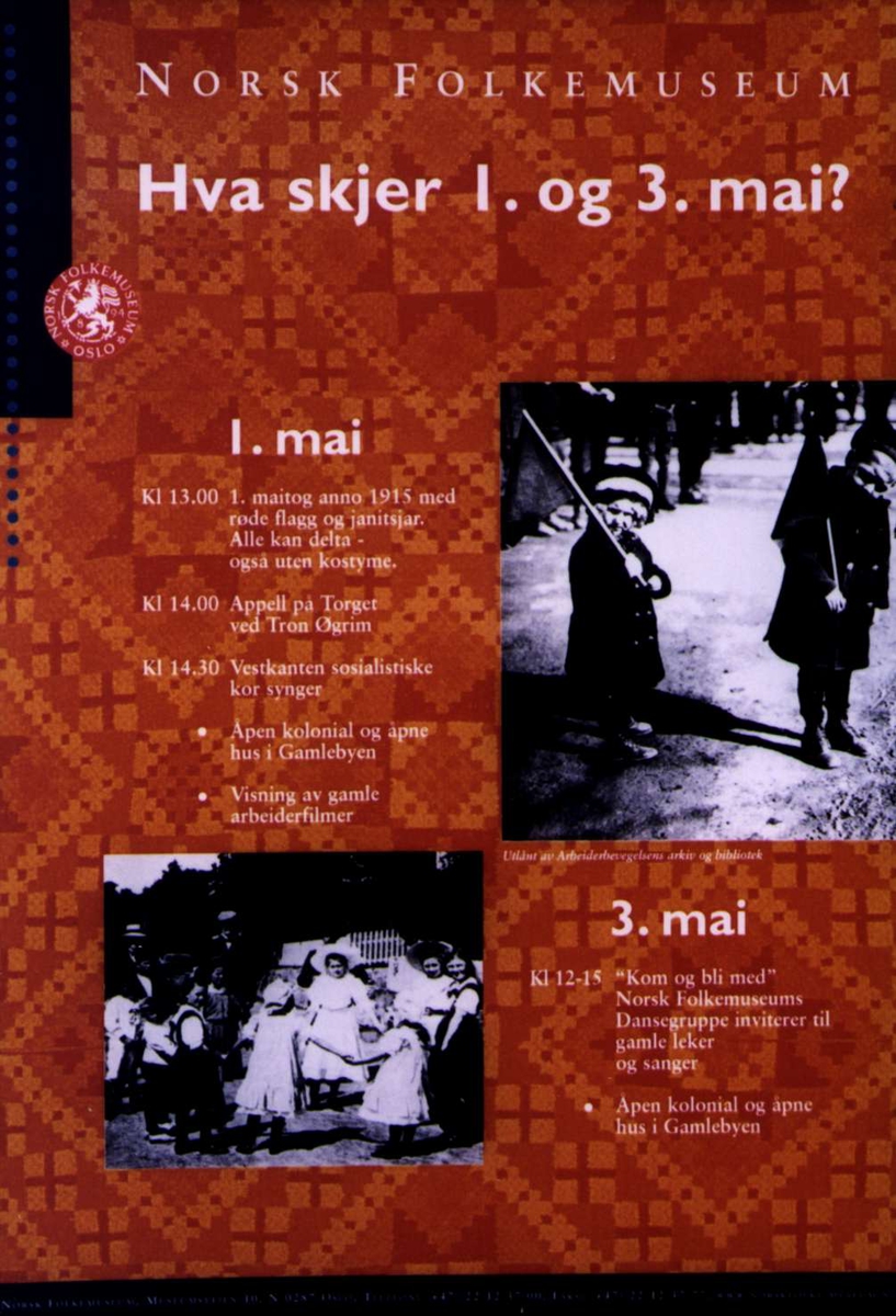 Plakat. Program for 1. og 3. mai på Norsk Folkemuseum i 1998.