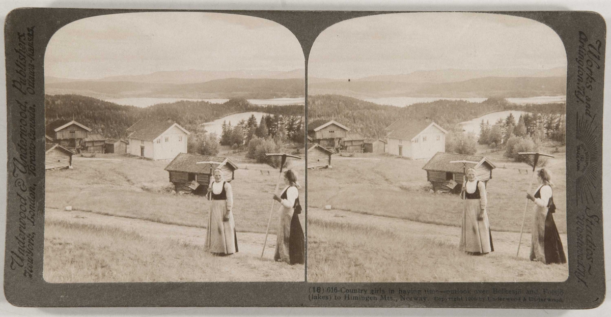 Stereoskopi. To kvinner i arbeidsklær med river i høyonn, utsyn over Bolkesjø, Gransherad, Telemark.