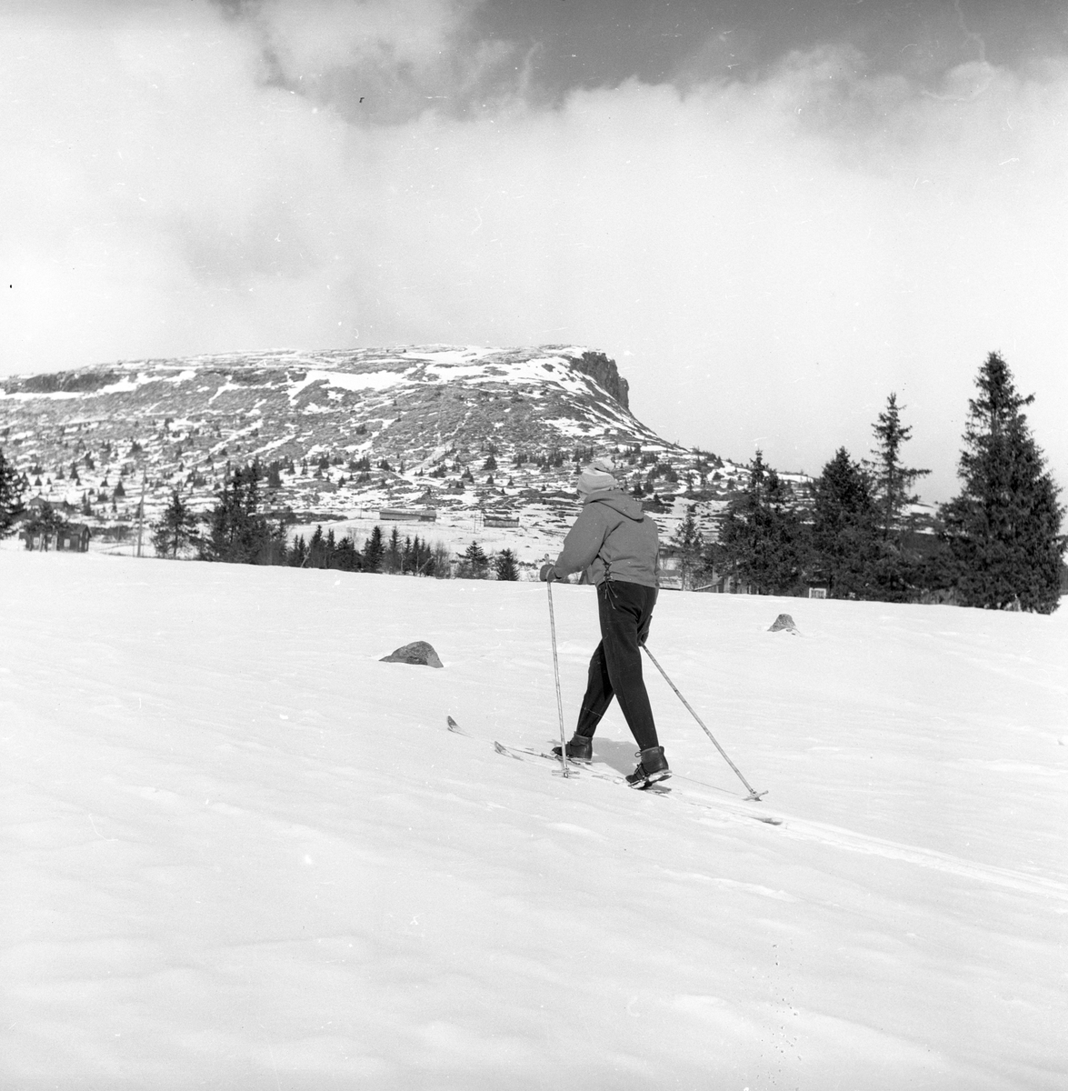 Kvinne på ski ved Peer Gyntveien i Oppland. Fotografert 1956.