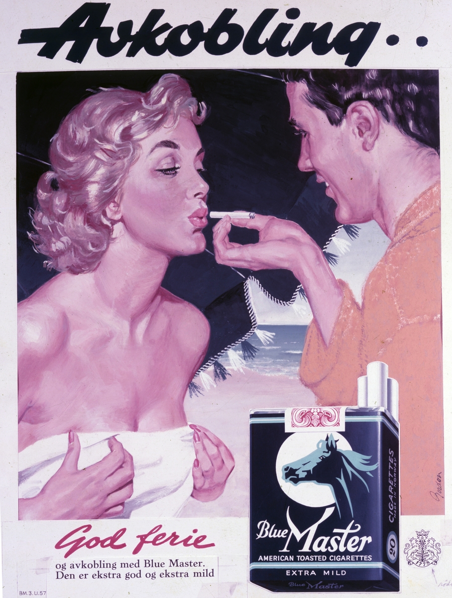 Avfotografert reklameplakat fra Tiedemanns Tobaksfabrik. Blue Master sigaretter.