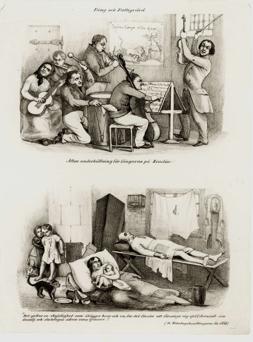 Teckningar av Fritz von Dardel (1817-1901).  "Fång och fattigvård". Satirer.