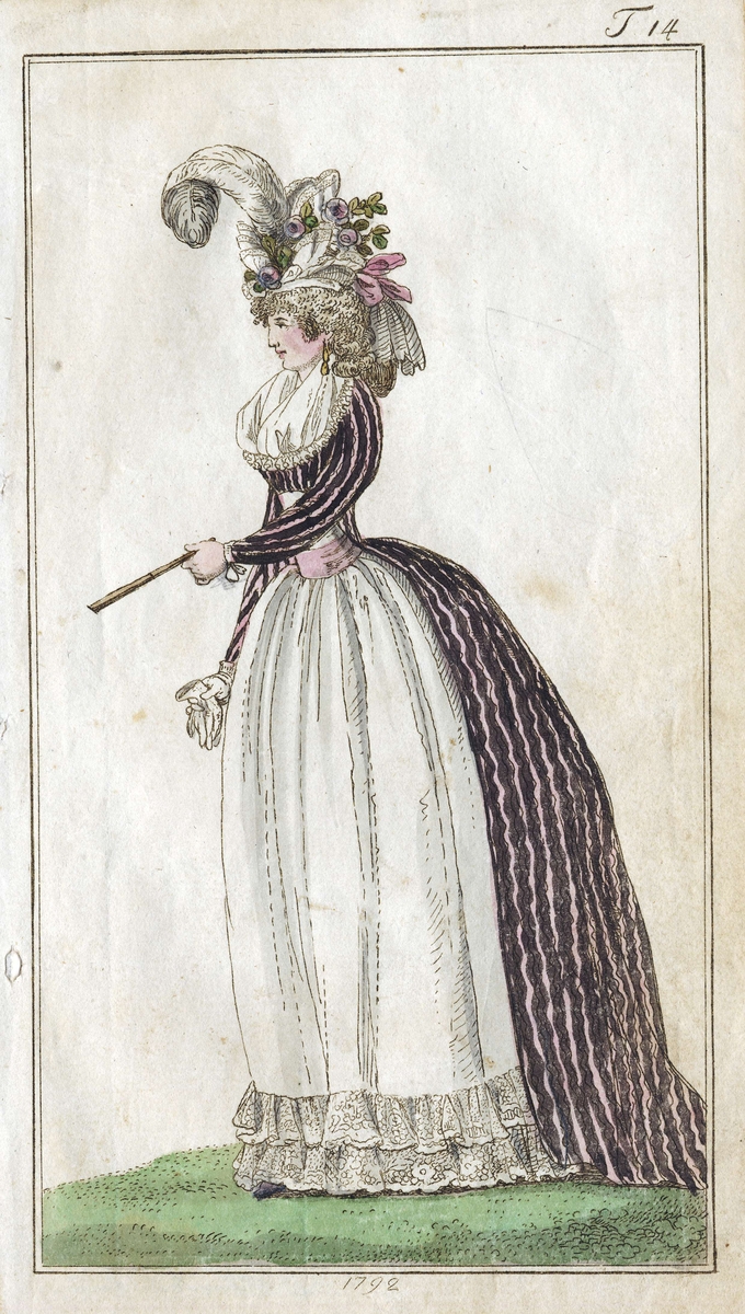 Dammode. Kvinna i kläder från sent 1700-tal (1792). Färglagd teckning. Baksidestext: "G. af hand. C H Fürst i Stockholm".