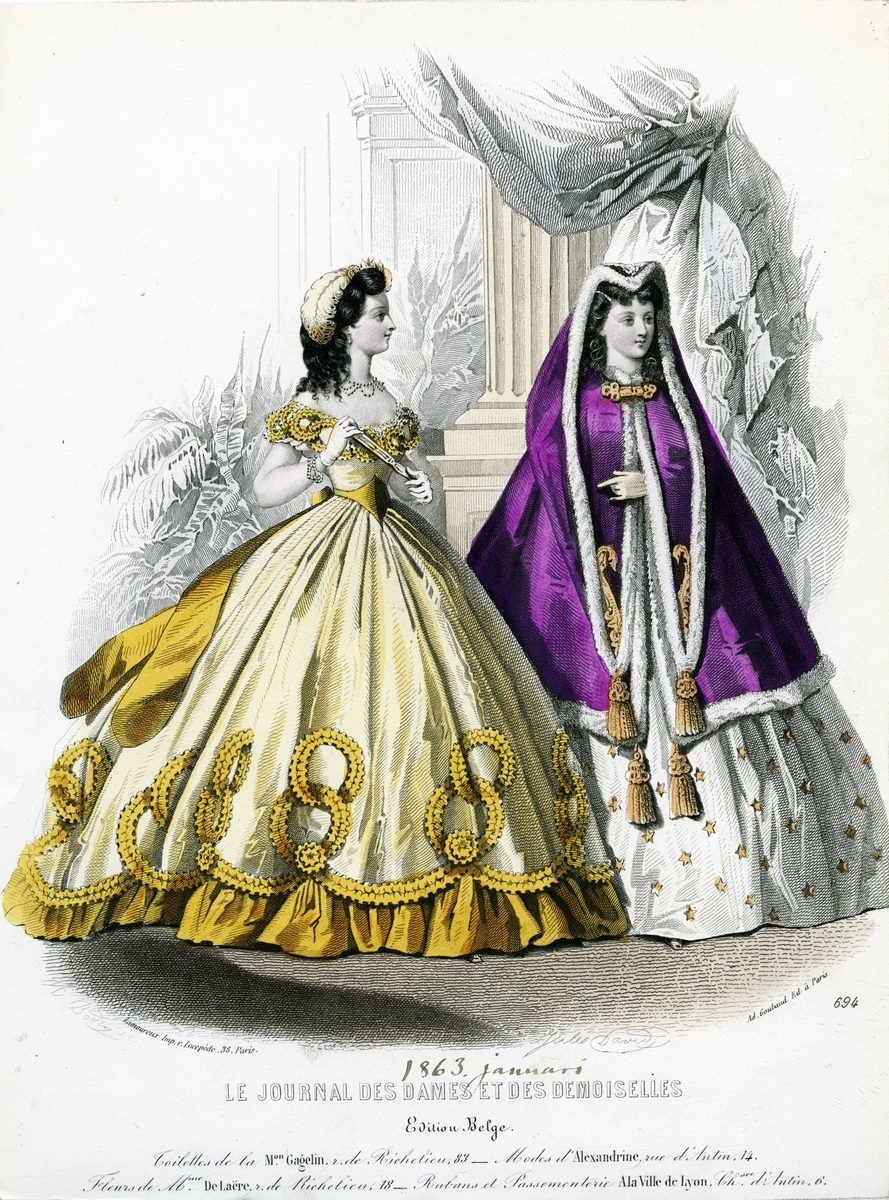 Tryck. Modebild från "Le Journal des dames et des demoiselles". Januari 1863. Klänningar.