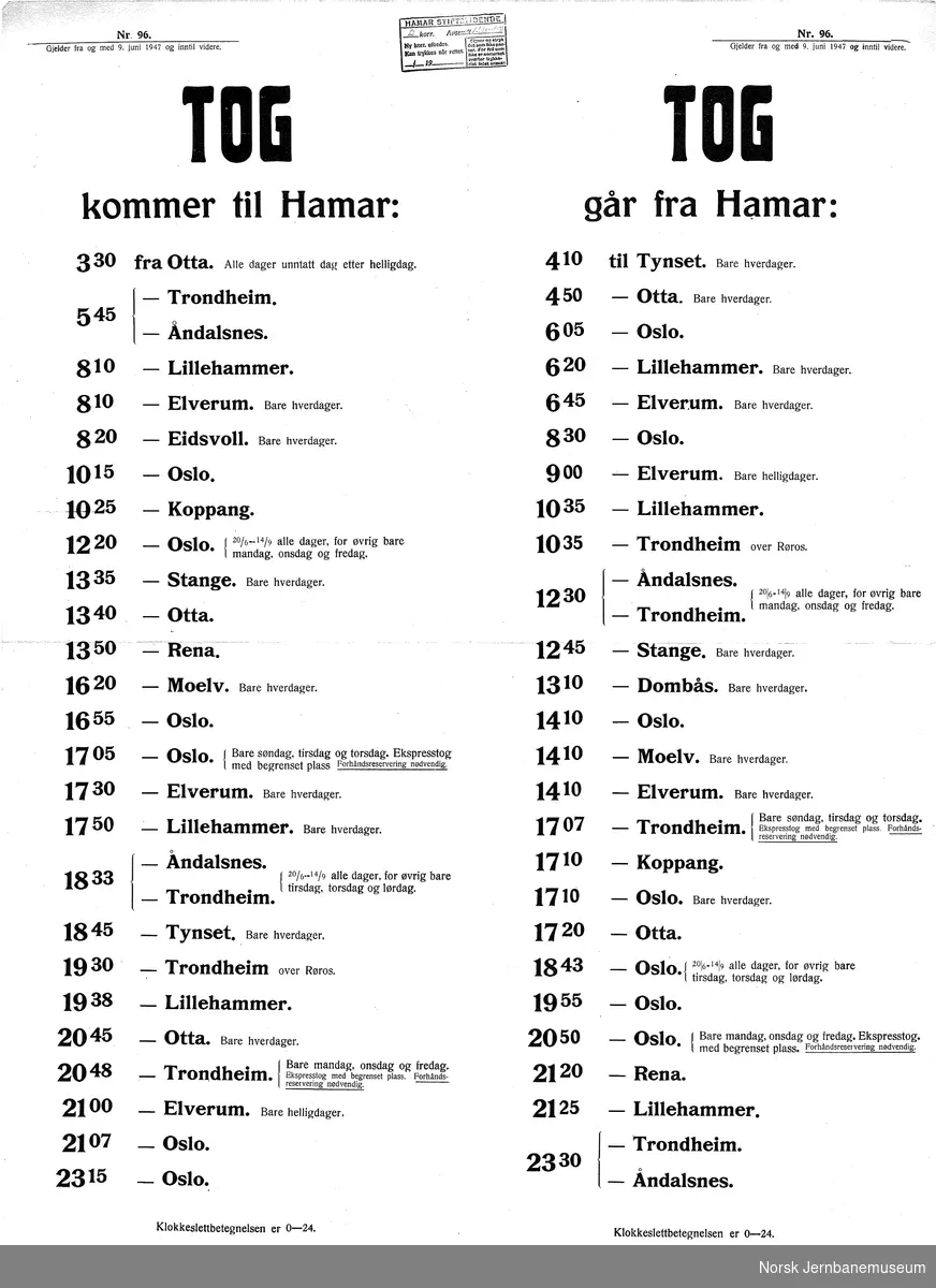 Ruteoppslag for Hamar stasjon  gjeldende fra 9. juni 1947
Nr. 96
