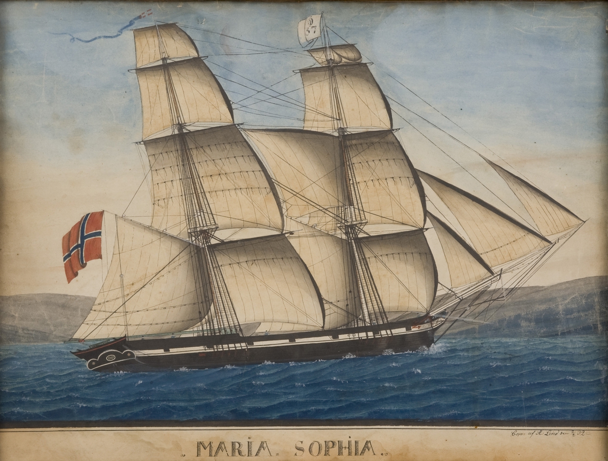Brigg 'Maria Sophia' Rent norsk flagg. På fortoppen Ø med 73 under