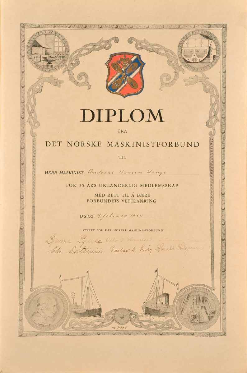 Diplom tildelt maskinist Andreas Hansen Hauge. Datert 9. februar 1950