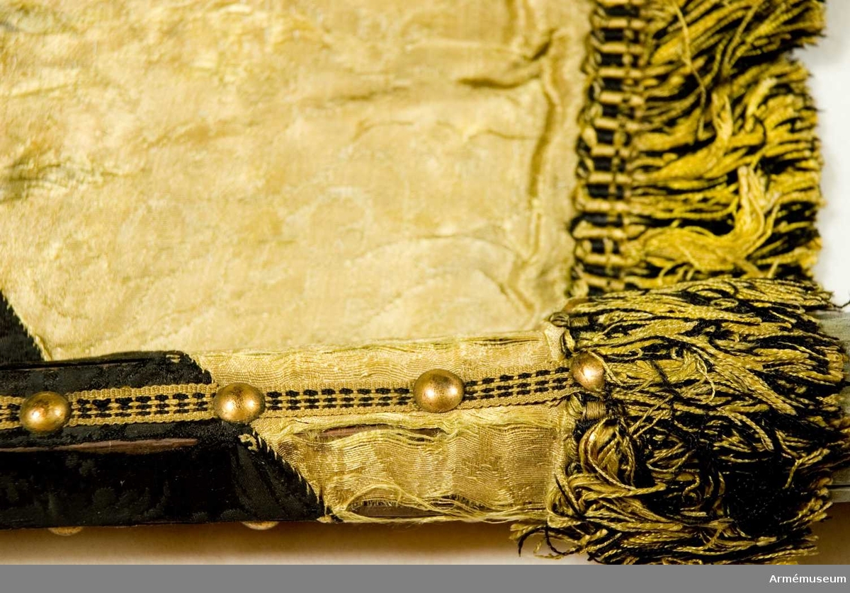 Duk: 
Tillverkad av enkel, av gul och svart damast, uppfostrad på tyll. Duken fäst vid stången med tre rader tännlikor på svart och gult band.

Dekor: 
Målat i övre, inre hörnet på båda sidor ett silverfärgat, upprättstående, dubbelsvansat lejon på det svarta fältet (Hallands vapen).

Frans: 
Dubbel, av gult och svart silke.
Banderoller: av tofsarna återstår endast en, 185 mm hög, av svart och gult silke på svart och gul snodd.

Stång av trä, kannelerad, gråblåmålad: löpart.; holk finnes men ej spets; stången avsmalnande vid dukens fäste.