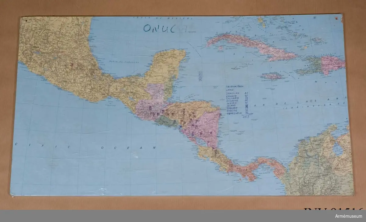 Karta över Mellanamerika (Guatemala, Nicaragua och Costa Rica)
där olika länders observatörerers placeringar är utsatta.