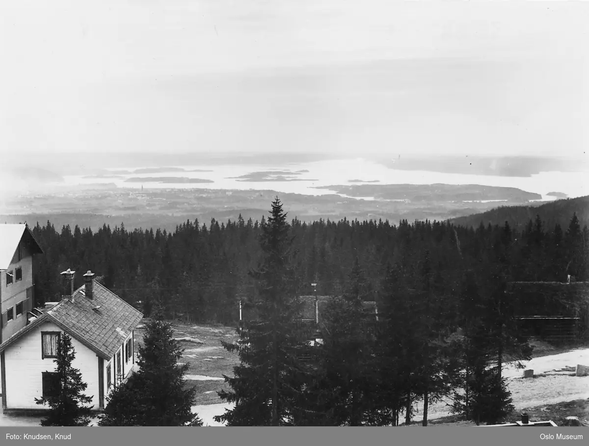 utsikt, Heftyevillaen, granskog, by, fjord