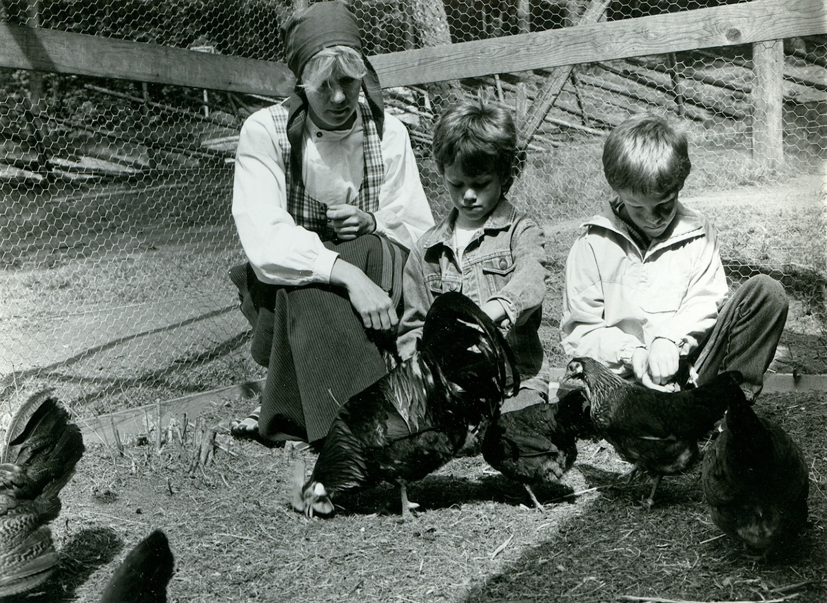 Elisabeth Rysén och två förskolebarn som deltar i vårens hönsprogram på Hallandsgården.