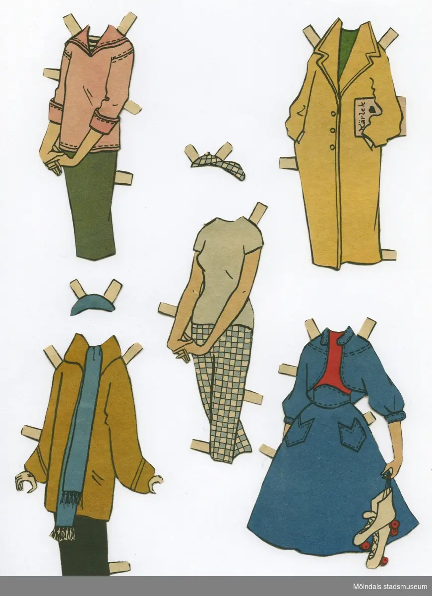 Pappersdocka med kläder, urklippt ur tidning på 1950-talet. Docka och kläder är märkta "Majsan" på baksidan - dockans namn. Dockan föreställer en ung kvinna med kort, svart hår, iklädd axelbandslös behå, underbyxor och skor. Garderoben består av två klänningar, två set med kjol och tröja/jacka, tre set med byxor (korta och långa), två kappor och hattar. Docka med kläder förvaras i en gul kartong (L: 300, B: 190, H: 20 mm) med texten "Art 330/42, Storlek 40/105, Färg vit" på kortsidan. I denna förvaras ytterligare en pappersdocka (MM 04684).
