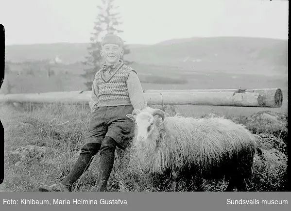Pojke sitter på sten med ett får bredvid sig.