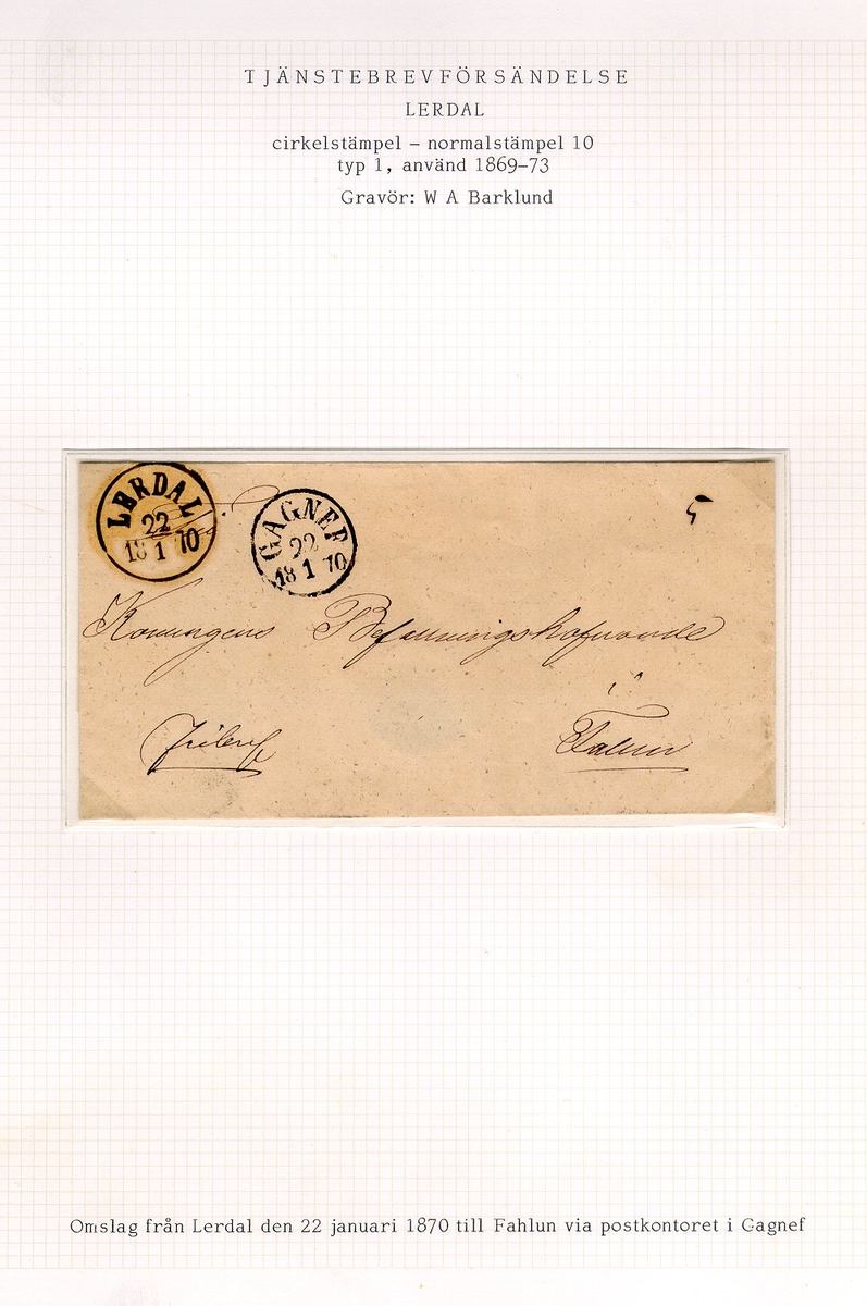 Albumblad innehållande 1 monterat brev

Text: Omslag från Lerdal den 22 januari 1870 till Fahlun via
postkontoret i Gagnef.

Etikett/posttjänst: Tjänstebrev

Stämpeltyp: Normalstämpel 10