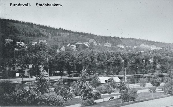 Vy över Stadsbacken taget från södra sidan av Selångersån. Bildtext till vykortet "Sundsvall. Stadsbacken."