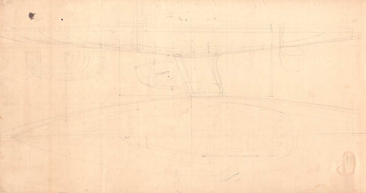 profilskiss med däcksplan, linjer, spantruta och sektionsdetalj, skala 1:10