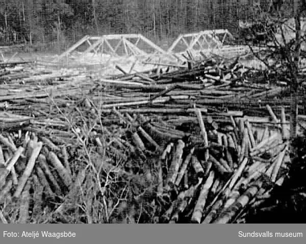 Timmerbröt i Hårkan, (som rinner ut i Indalsälven) jämte den raserade Söreforsbron passerar Kvarnfallet 30/5 1908 kl 4.32 e.m.