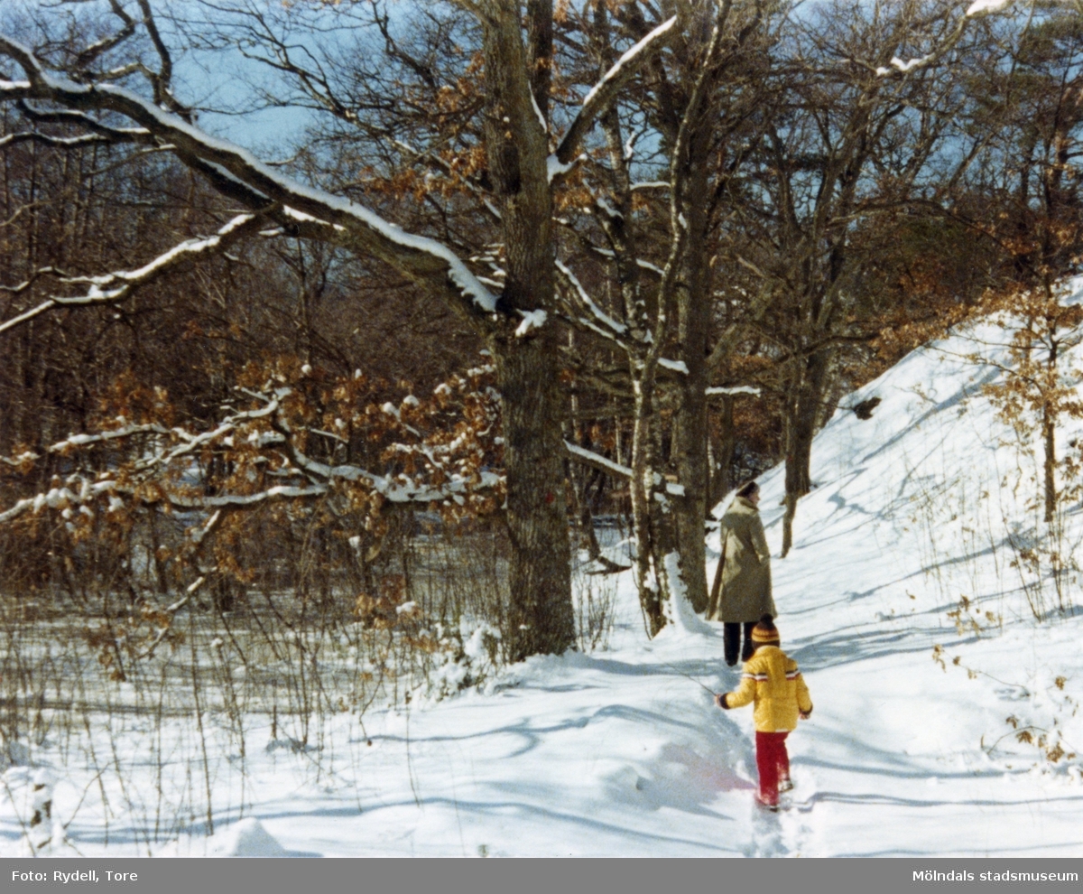 Kvinna och barn på promenad i Gunnebo, Mölndal, en vinterdag på 1970-talet.