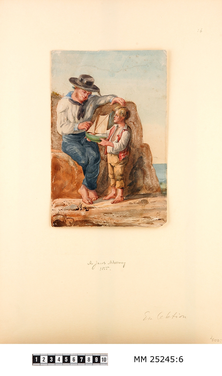 Akvarell föreställande en båtsman i bredbrättad hatt och blåkrage som håller lektion för en liten pojke med en modell av en segelbåt i handen. Bilden signerad i högre hörnet: "55". Monterad på vitt papper med skrift: "Av Jacob Adelborg 1855, En lektion".