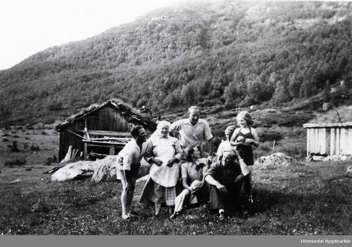 På stølsvollen i Mørekvam til garden Kyrkjebøen,68.2, ca. 1950
Birgit Kirkebøen med kvitt forkledet. Knut K. Kirkebøen til høgre. Dei andre er byfolk.