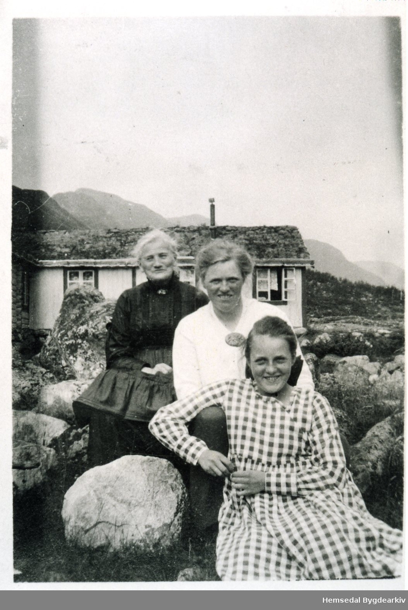 På Feten i Grøndalen i Hemsedal sumaren 1917.
Frå venstre: Jensine Dreyer, Ragnhild Dreyer Andersen og Borgny Dreyer Andersen