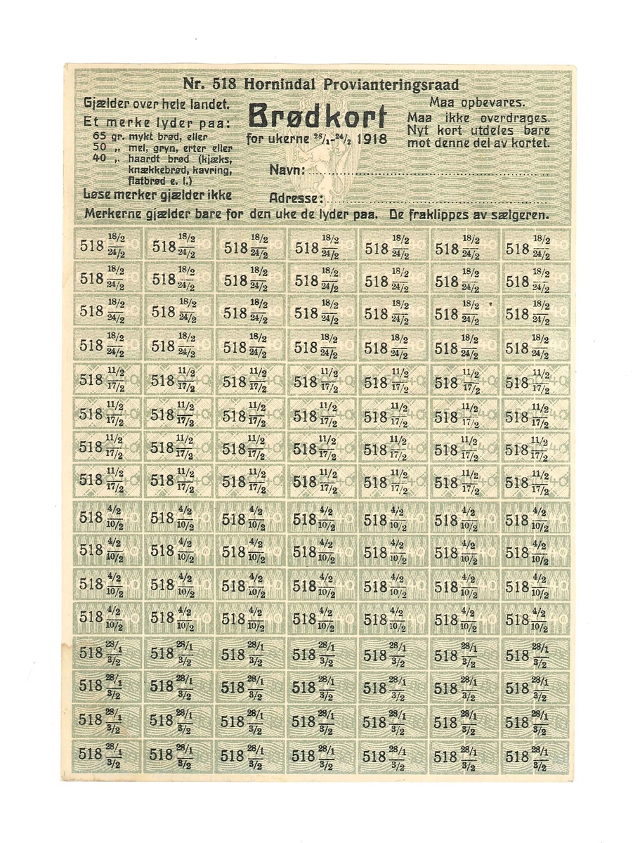 Tre rasjoneringskort for Hornindal Provianteringsraad i 1918. Ubrukte. Korta gjeld for månadane Januar, Februar og Mars. 
Det er forskjellige fargar på korta.