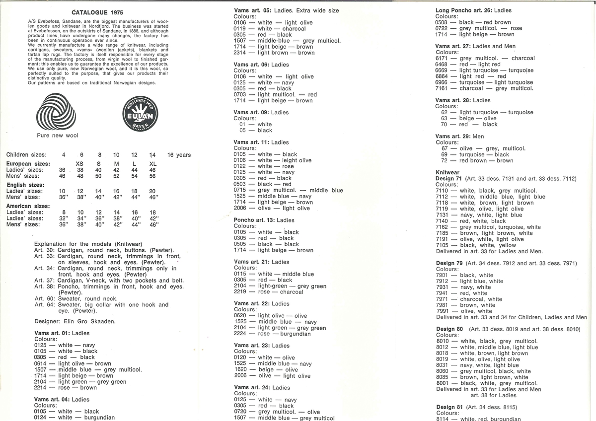 Brosjyre for Evebøfoss 1975. Presentasjon av produkt i bilete og tekst.
Tekst på engelsk.