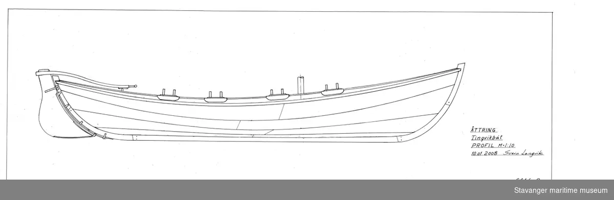 Oppmålingstegning av bruksbåt på folie, tegnet med penn. Profil, 1:10.