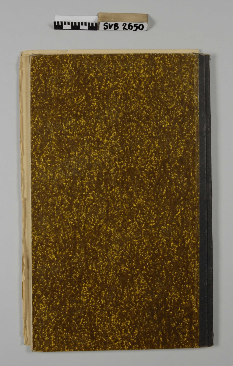 Notatbok fra 1924 med linjerte ark, omslag i brunt og gult, rygg i svart bomullslerret. 8-kantet etikett på forsiden.
4 doble, linjerte kladdeark ligger løst inne i boken
