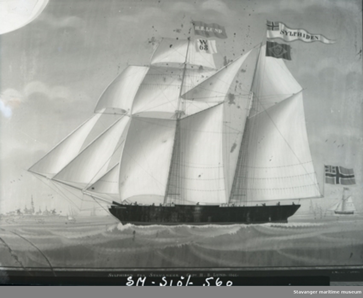 Avfotografert skipsportrett av skonnertskip "Sylphiden" av Stavanger, Capt. H.B.Lund 1844.