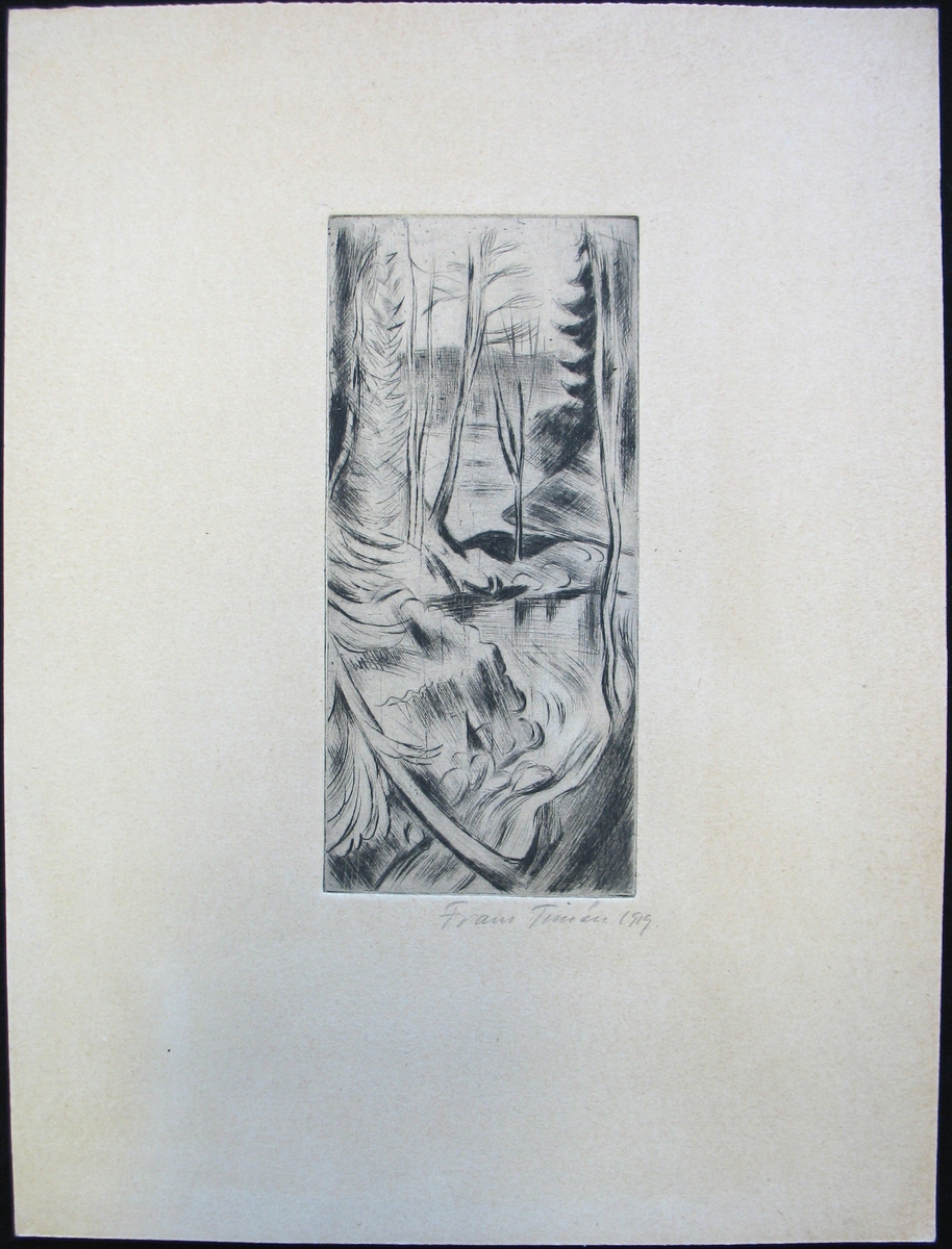 Etsning :  Bäck i skogslandskap. Etsning 1919 av Frans Timén.