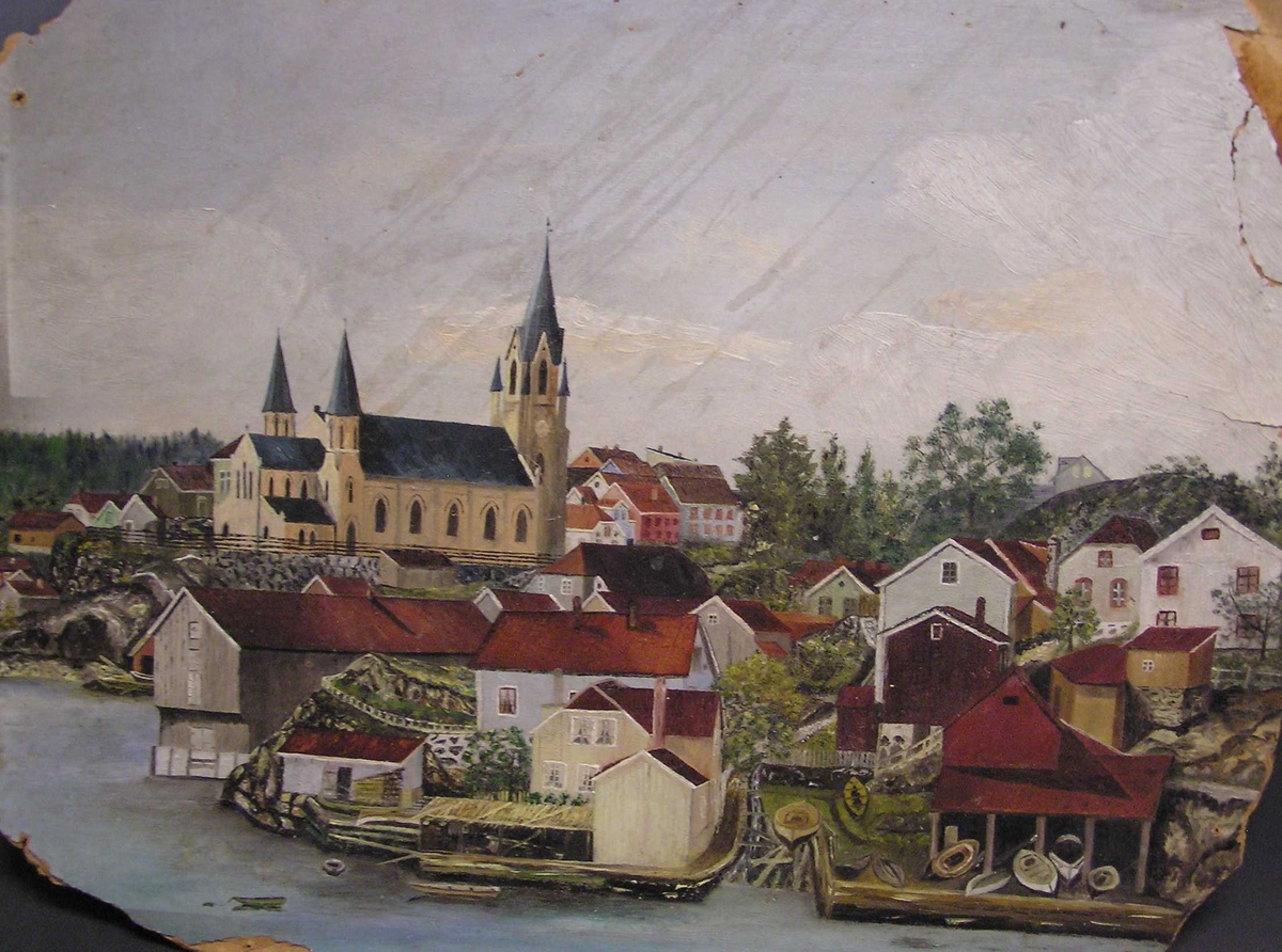 Gamle Kirkebukten i Kragerø før brann 1886. Husenes farge angitt. 