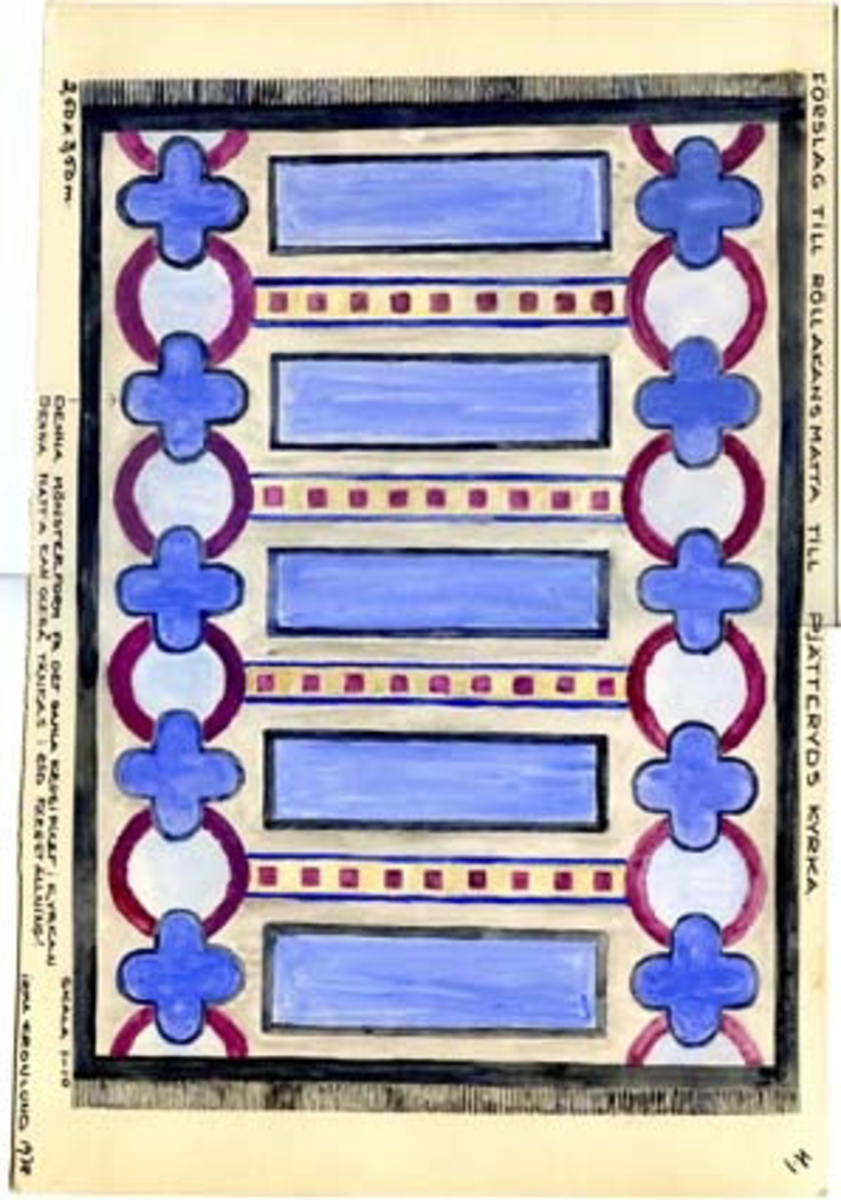 Tre skisser med förslag till rölakansmatta till Pjätteryds kyrka. GHKL 4084:1 Förslag till rölakanmatta till Pjätteryds kyrka 2,50 x 3,50 m.Skisstorlek ca 25 x 35 cm, skala 1:10. Skissen är märkt nr 1. Följande anteckningar finns på skissen: "Denna matta kan också tänkas i blå färgställning, 1,50 x 2,20 m uppvävd i denna storlek"GHKL 4084:2 Förslag till rölakanmatta till Pjätteryds kyrka 2,50 x 3,50 m.Skisstorlek ca 25 x 35 cm, skala 1:10. Skissen är märkt nr 2. Följande anteckningar finns på skissen: "Denna mönsterform från det gamla krucifixet i kyrkan. Denna matta kan också tänkas i blå färgställning".GHKL 4084:3Förslag till rölakanmatta till Pjätteryds kyrka 2,50 x 3,50 m.Skisstorlek ca 25 x 35 cm, skala 1:10. Skissen är märkt nr 4. Följande anteckningar finns på skissen: "Denna mönsterform från det gamla krucifixet i kyrkan. Denna matta kan också tänkas i blå färgställning".BAKGRUNDHemslöjden i Kronobergs län är en ideell förening bildad 1990. Den ideella föreningen ersatte Kronobergs läns hemslöjdsförening bildad 1915.Kronobergs läns hemslöjdsförening hade butiksverksamhet och en vävateljé med anställda väverskor och formgivare där man vävde på beställning till offentliga miljöer, privatpersoner och till olika utställningar.Hemslöjden i Kronobergs län har idag ett arkiv med drygt 3000 föremål, mönster och skisser från verksamheten och från länet. 1950-talet var de stora beställningarnas tid och många skisser och mattor till kyrkorna kom till under detta årtionde.