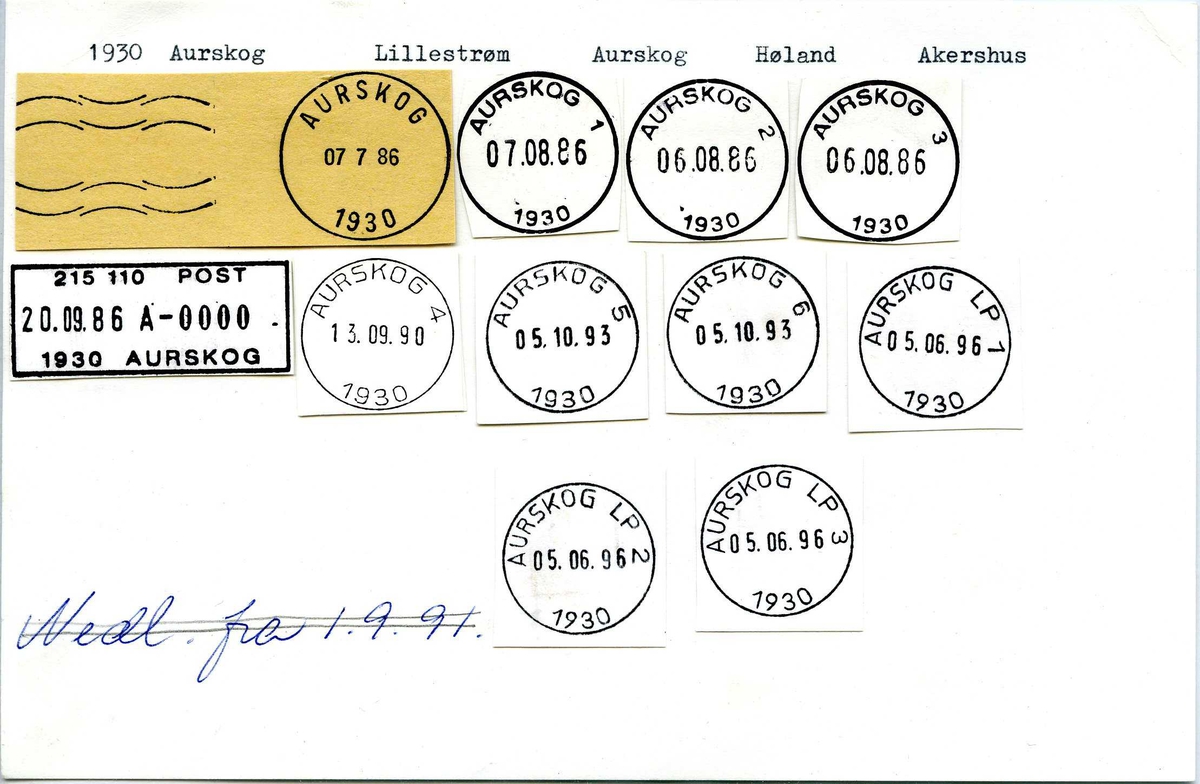 Stempelkatalog, 1930 Aurskog. Lillestrøm postkontor. Aurskog Høland kommune. Akershus.