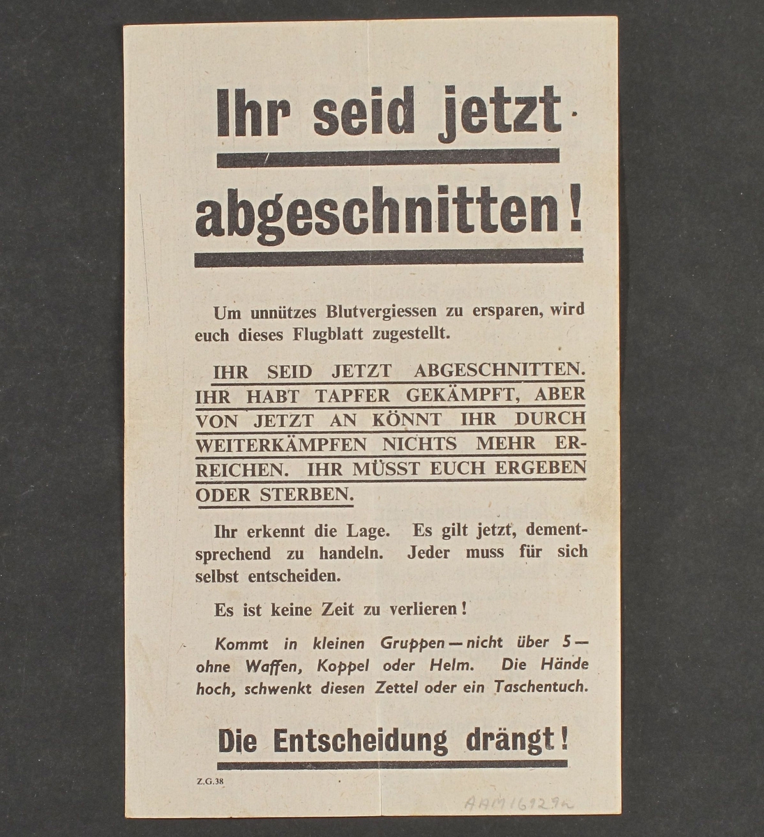 Ark med beskrivelse av vilkår for tyske krigsfanger.