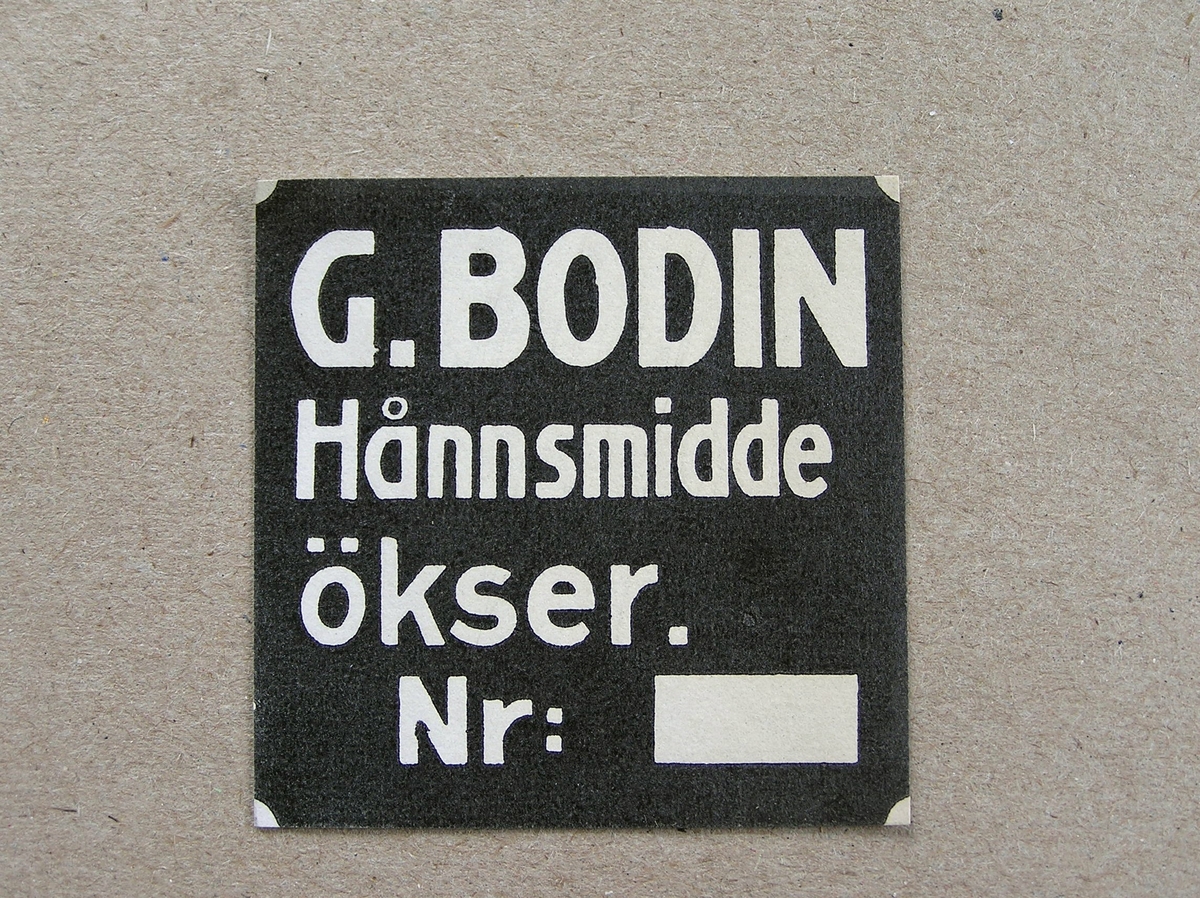 6 stk. merkelapper for G. Bodin - øksesmie. 