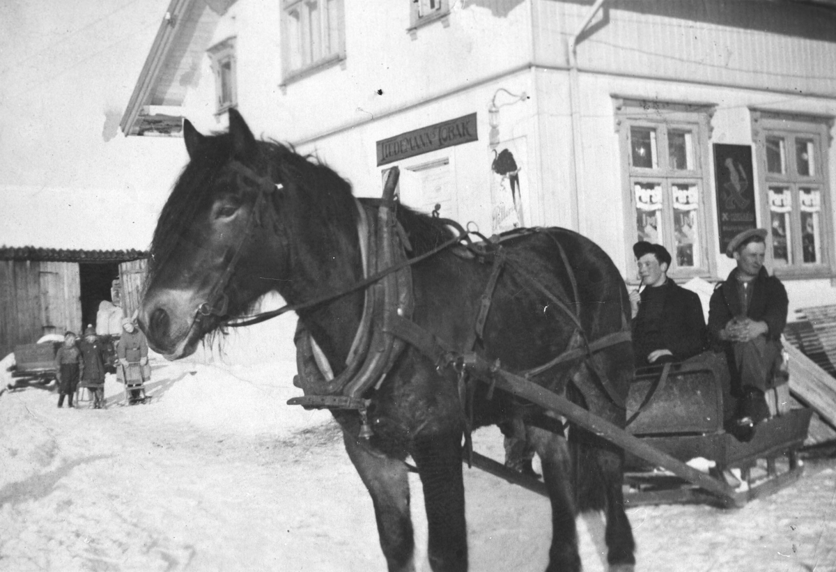 Hest og slede (melketransport) foran Kokkims butikk på Haga.