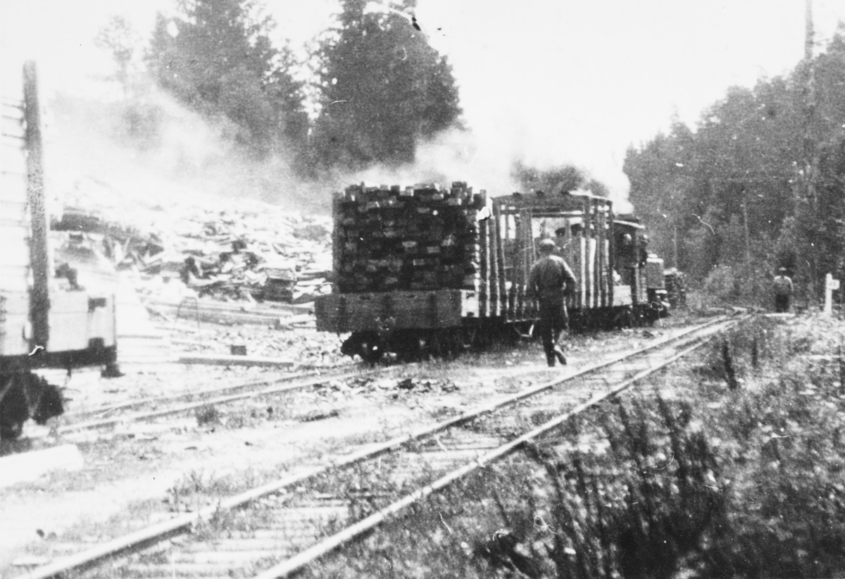 Ved- og plankelagre venter på transport, trolig under krisen i 1918. Lok 3 Høland, vogn No..,No..