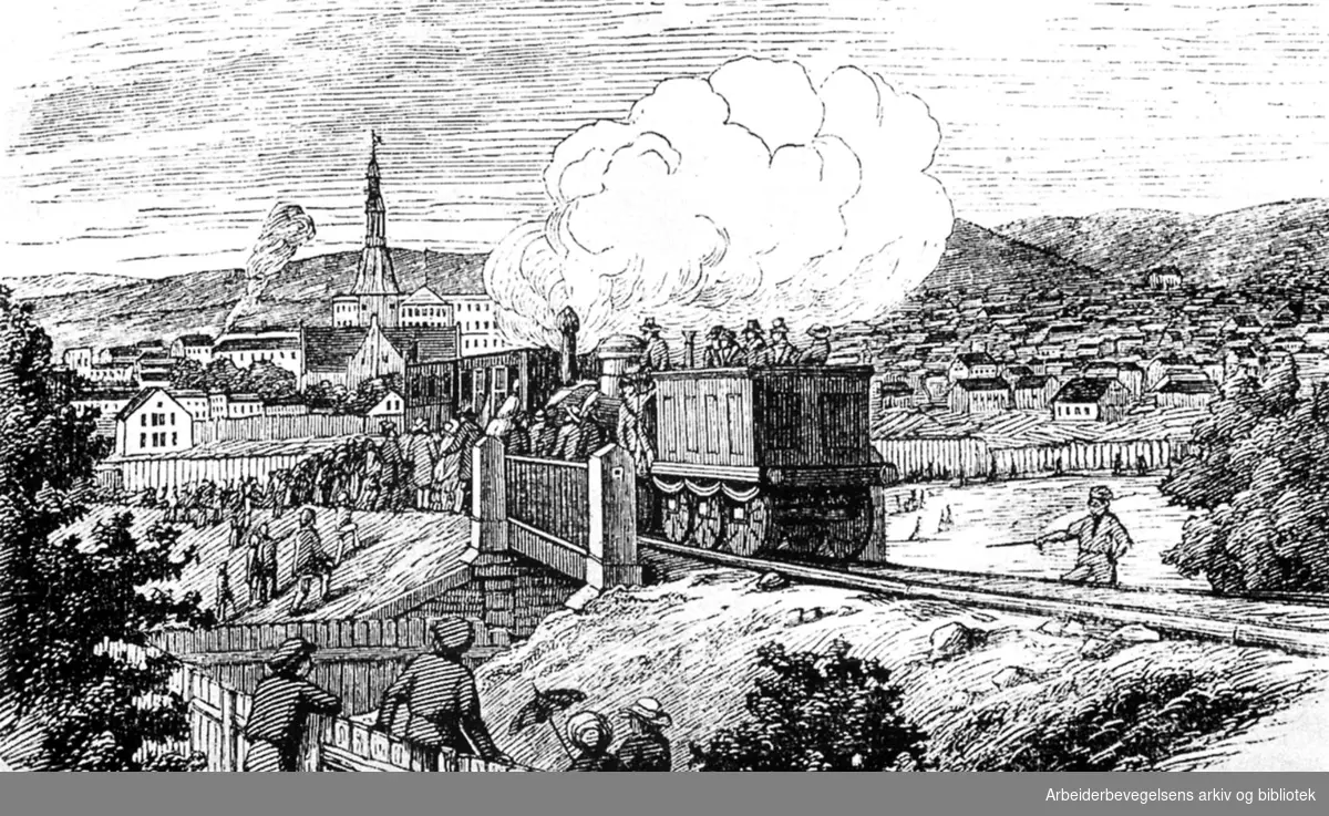 Den første prøveturen på Hovedbanen 4. juli 1853. Toget på broen over Oslogate i Kristiania.Tegningen er hentet fra Illustrert Nyhedsblad, 1853