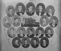 Romsdal Amtskole 6 juli 1879. Gruppebilde er frå den tida am