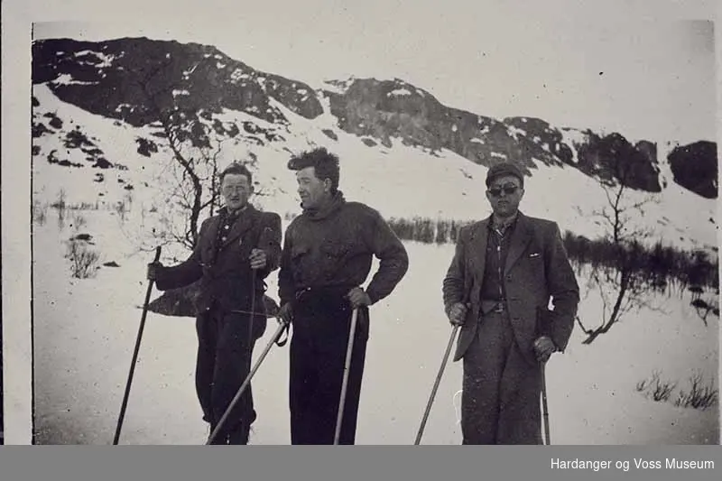 Gruppe, menn, ski, skistavar, snø, fjell. I Isdal
