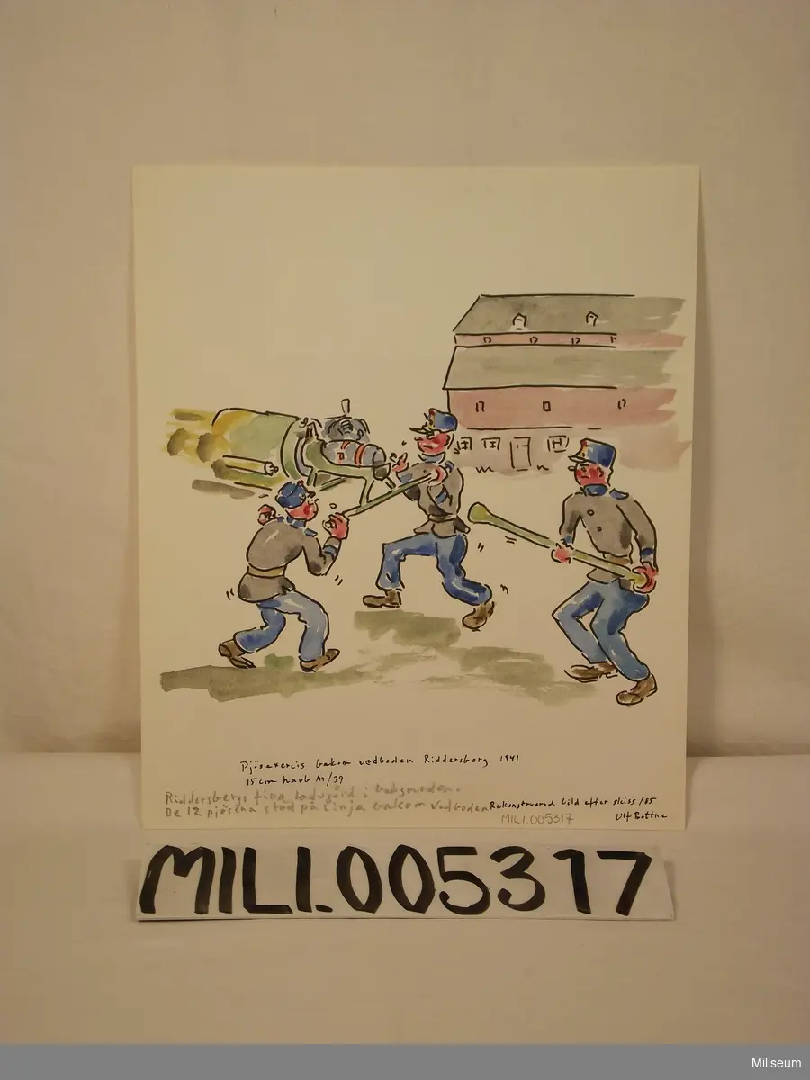 Pjäsexercis bakom vedboden på Riddersberg 1941. 15 cm haubits m/1939.
 Akvarell av Ulf Bottne.