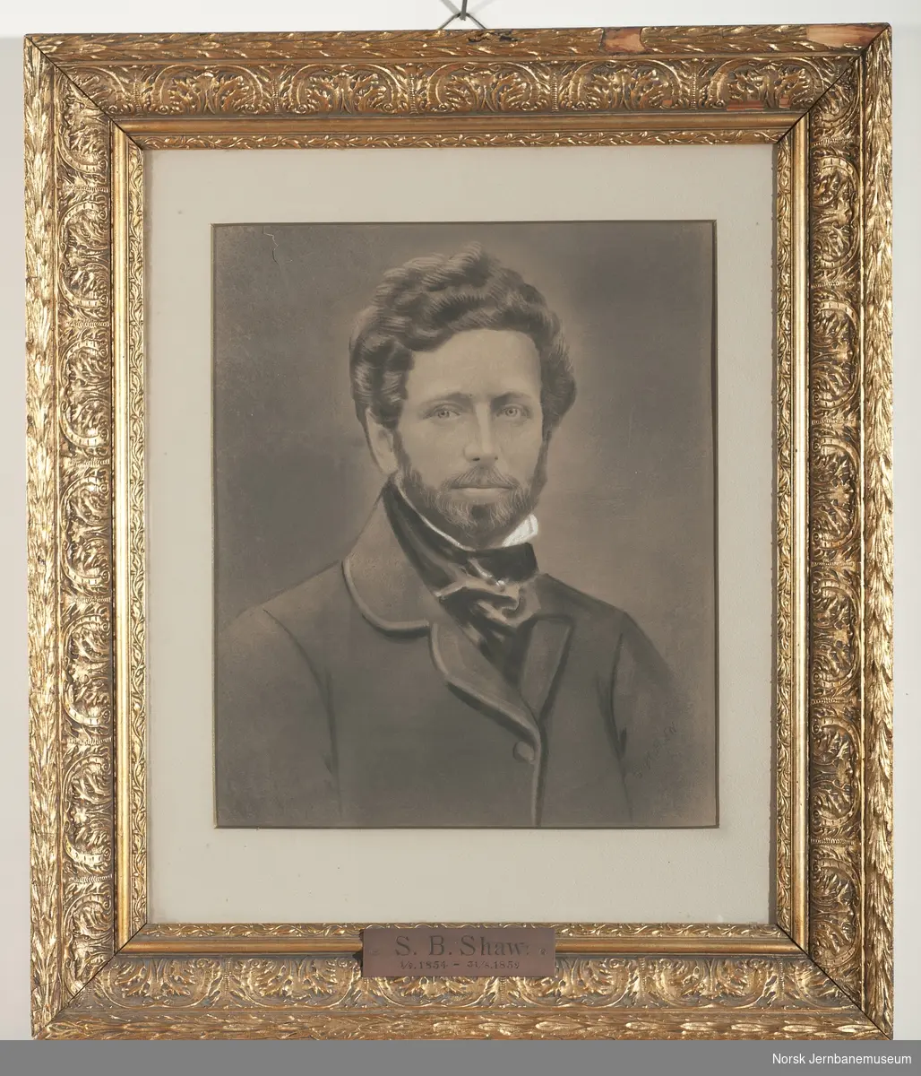 Foto i glass og ramme av driftsbestyrer S. B. Shaw ved Norsk Hovedjernbane 1854-1859