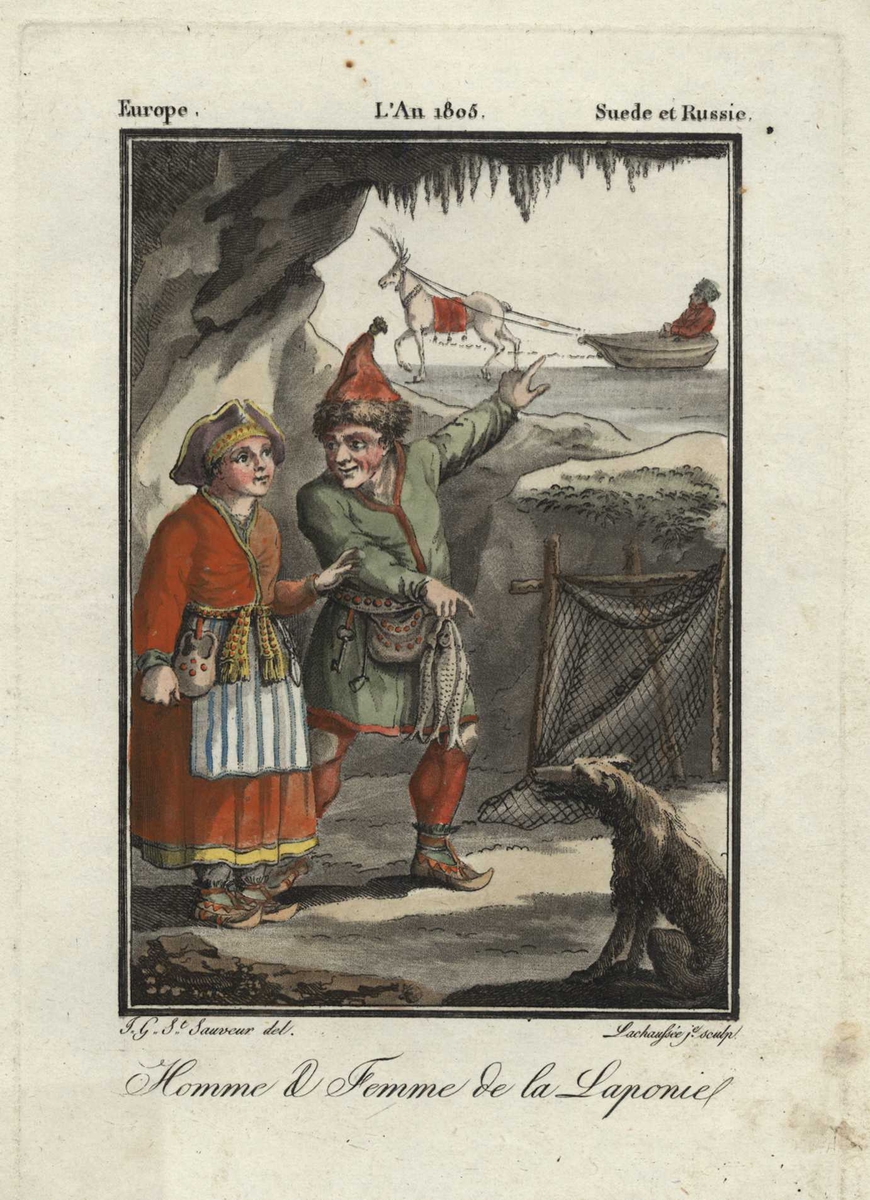 Samisk mann og kvinne, hund og rein med pulk med mann i bakgrunnen